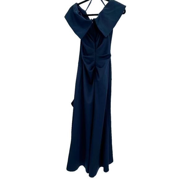 XSCAPE Ruffle Off the Shoulder Scuba Knit Gown Midnight Blue Size 12 NWOT - Picture 5 of 11